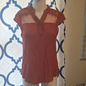 Sweet Wanderer Terracotta Lace Accent Blouse
